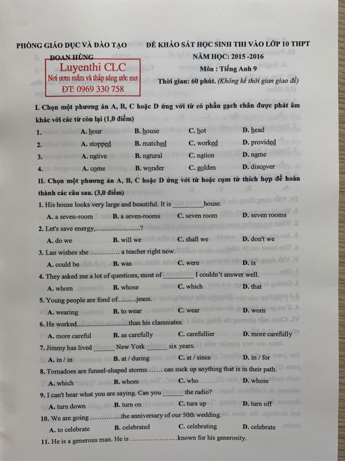 Đề khảo sát học sinh thi vào lớp 10 THPT môn Tiếng Anh lớp 9 huyện Đoan Hùng tỉnh Phú Thọ năm 2015