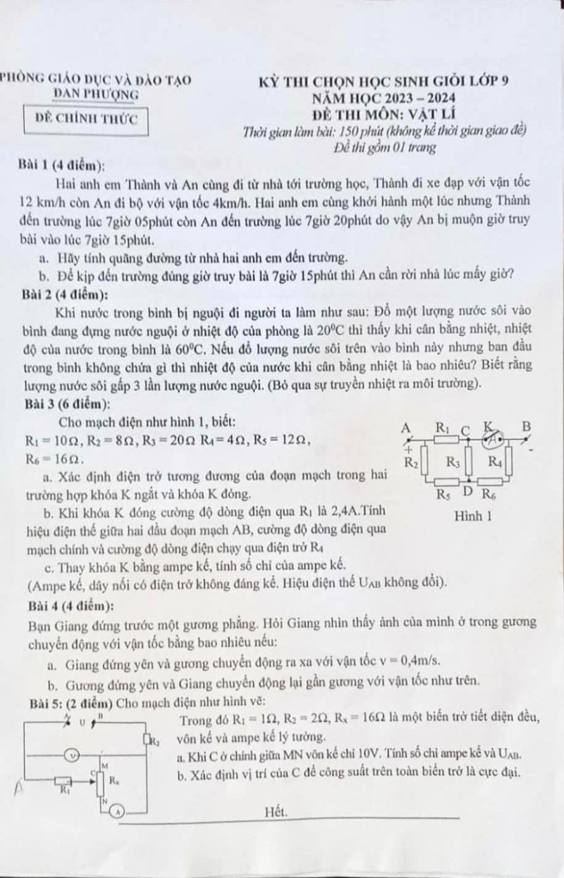 Đề thi chọn HSG môn Vật Lí lớp 9 huyện Đan Phượng, Hà Nội năm 2023