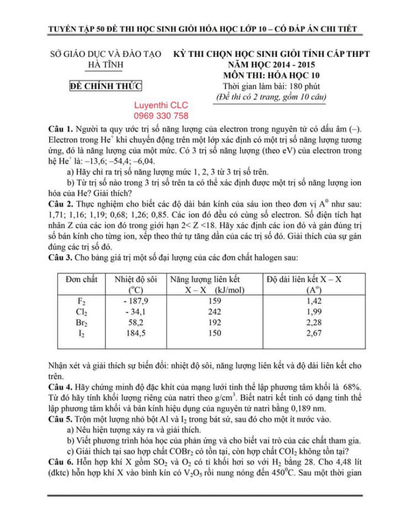 Đề thi chọn HSG và đáp án môn Hóa Học  lớp 10 tỉnh Hà Tĩnh năm 2014