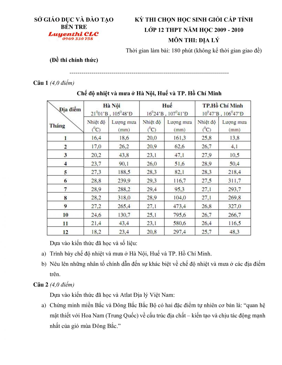 Đề thi chọn HSG m&ocirc;n Địa L&iacute; lớp 12 THPT tỉnh Bến Tre năm 2010