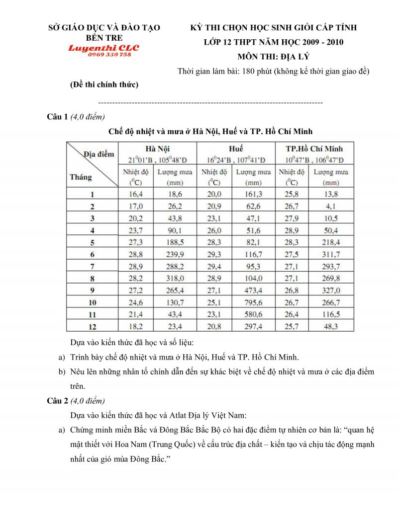 Đề thi chọn HSG môn Địa Lí lớp 12 THPT tỉnh Bến Tre năm 2010