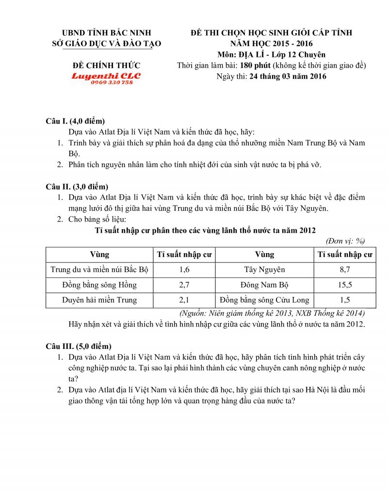 Đề thi chọn HSG cấp tỉnh môn Địa Lí lớp 12 chuyên tỉnh Bắc Ninh năm 2016