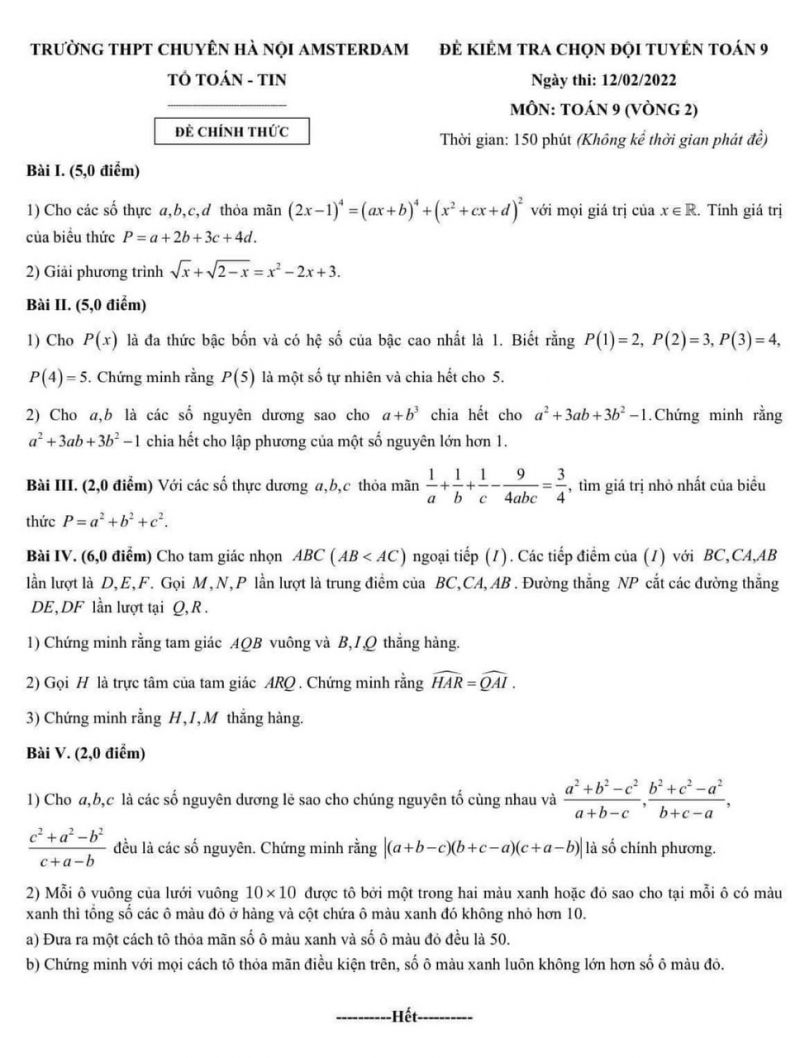 Đề kiểm tra chọn đội tuyển HSG môn Toán lớp 9 Trường THPT CHUYÊN Hà Nội Amsterdam năm 2022