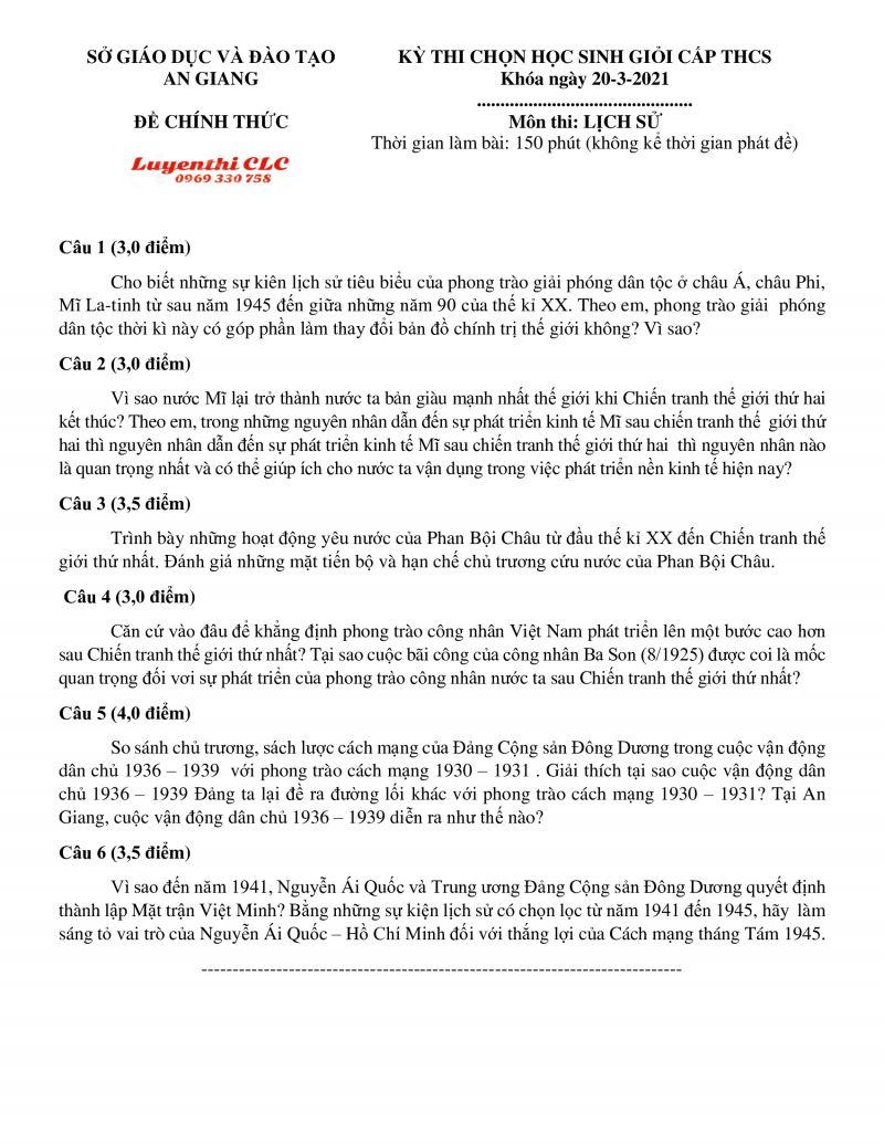 Đề thi chọn HSG m&ocirc;n Lịch Sử tỉnh An Giang năm 2021