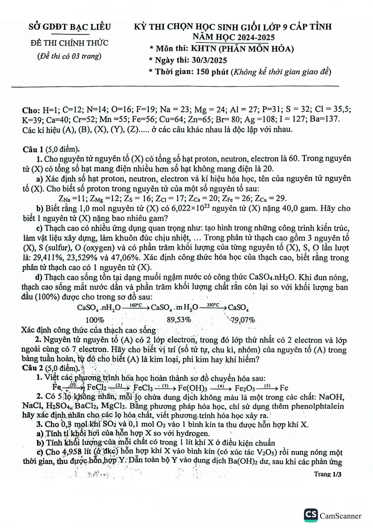 Đề thi chọn HSG môn Hóa lớp 9 - Tỉnh Bạc Liêu năm 2024-2025