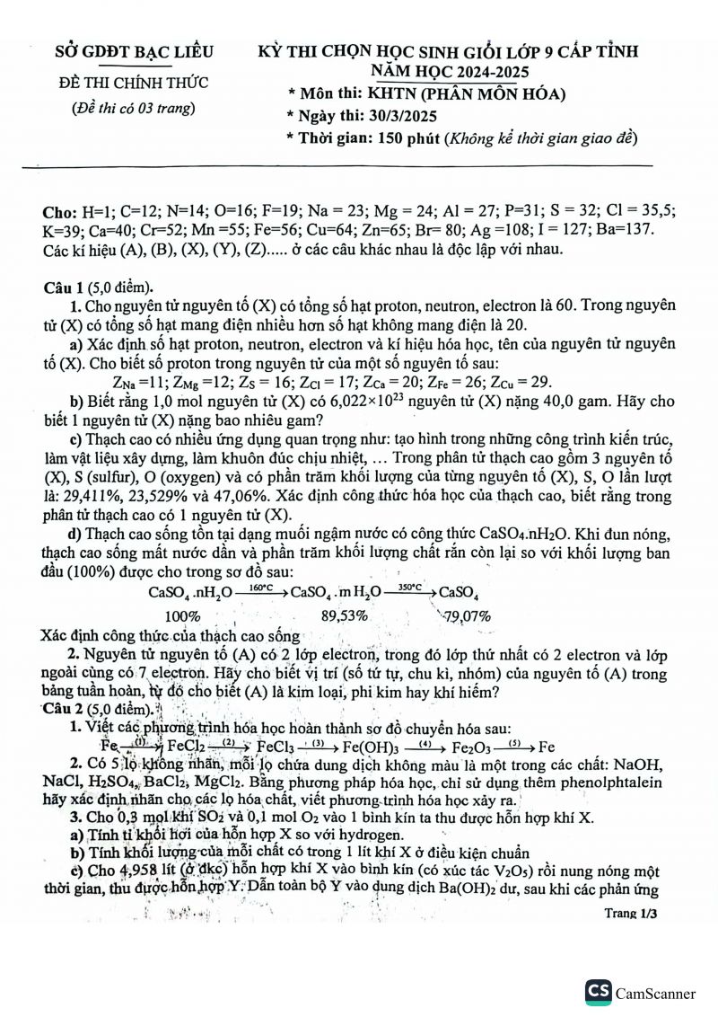 Đề thi chọn HSG m&ocirc;n H&oacute;a lớp 9 - Tỉnh Bạc Li&ecirc;u năm 2024-2025