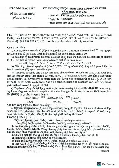 Đề thi chọn HSG môn Hóa lớp 9 - Tỉnh Bạc Liêu năm 2024-2025