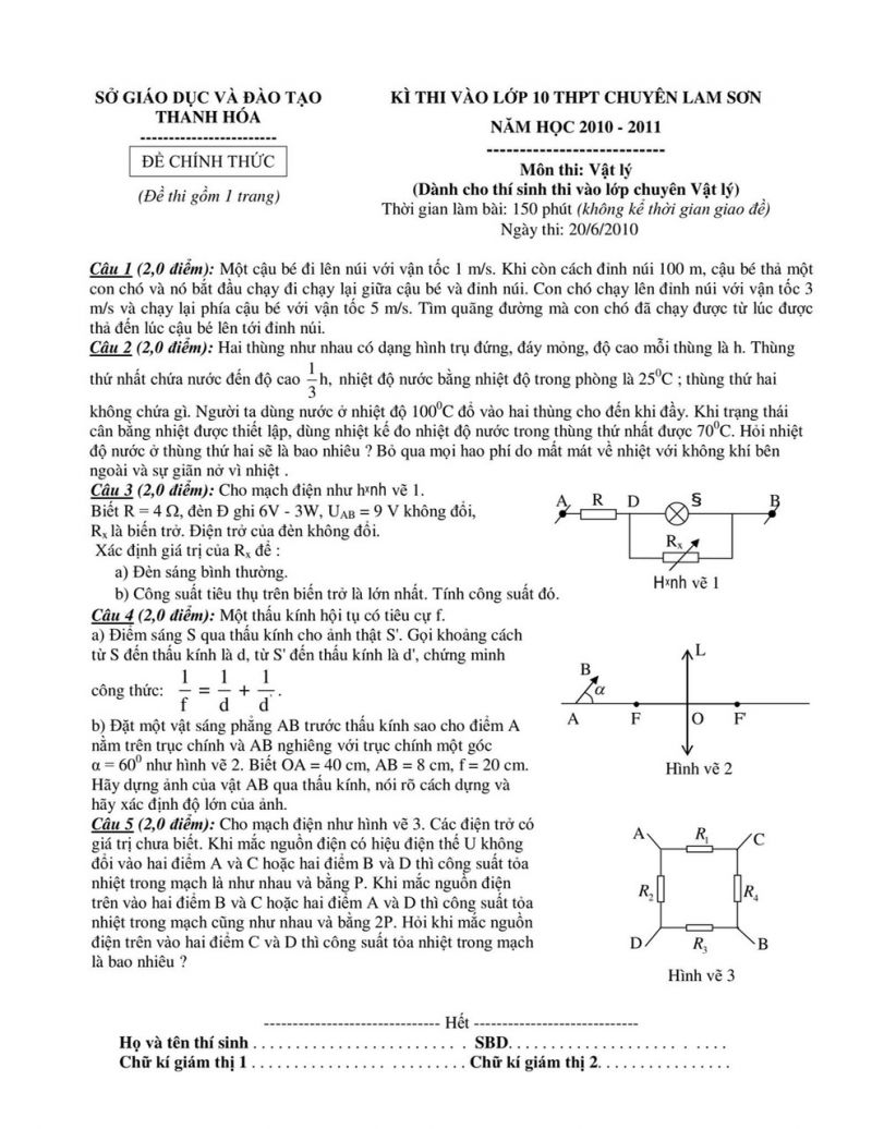 Đề thi tuyển sinh vào lớp 10 và đáp án môn Vật lý THPT CHUYÊN Lam Sơn, Thanh Hóa năm 2010