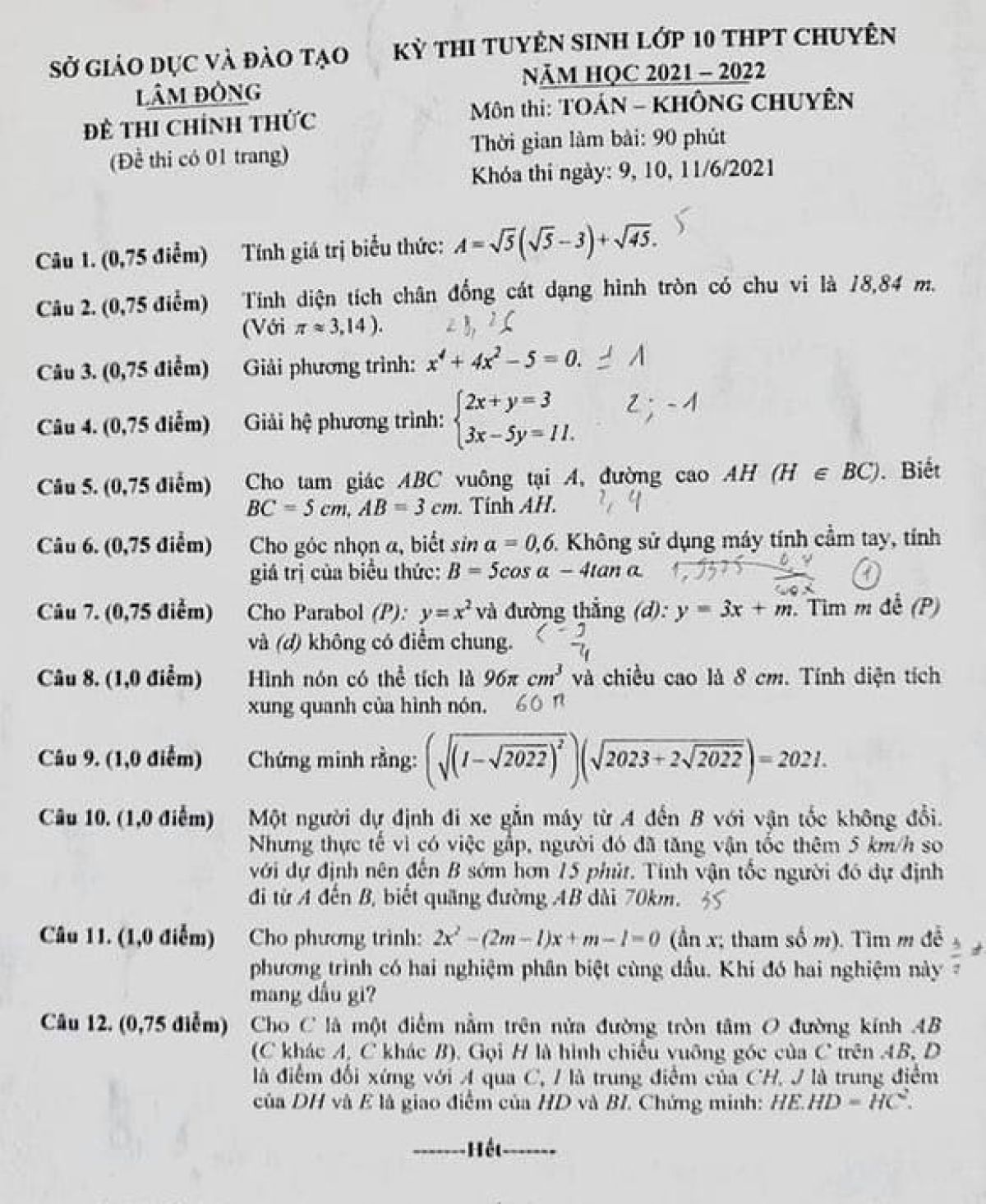 Đề thi tuyển sinh v&agrave;o lớp 10 THPT CHUY&Ecirc;N m&ocirc;n To&aacute;n ( Kh&ocirc;ng Chuy&ecirc;n ) tỉnh L&acirc;m Đồng năm 2021