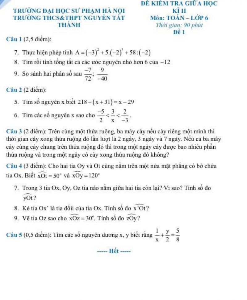 Đề kiểm tra giữa học kì II môn Toán lớp 6 Trường THCS &amp; THPT Nguyễn Tất Thành, Hà Nội - Đề số 1