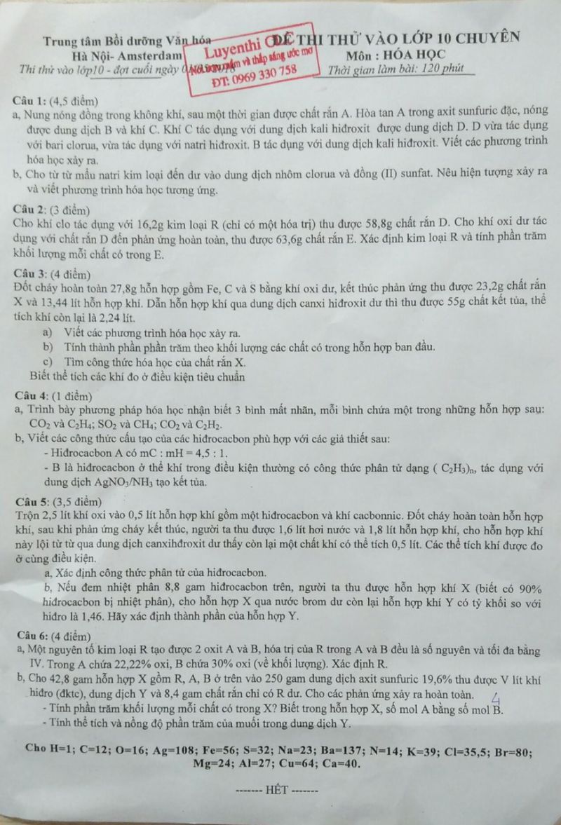 Đề thi thử vào lớp 10 môn Hóa Học tại Hà Nội năm 2018