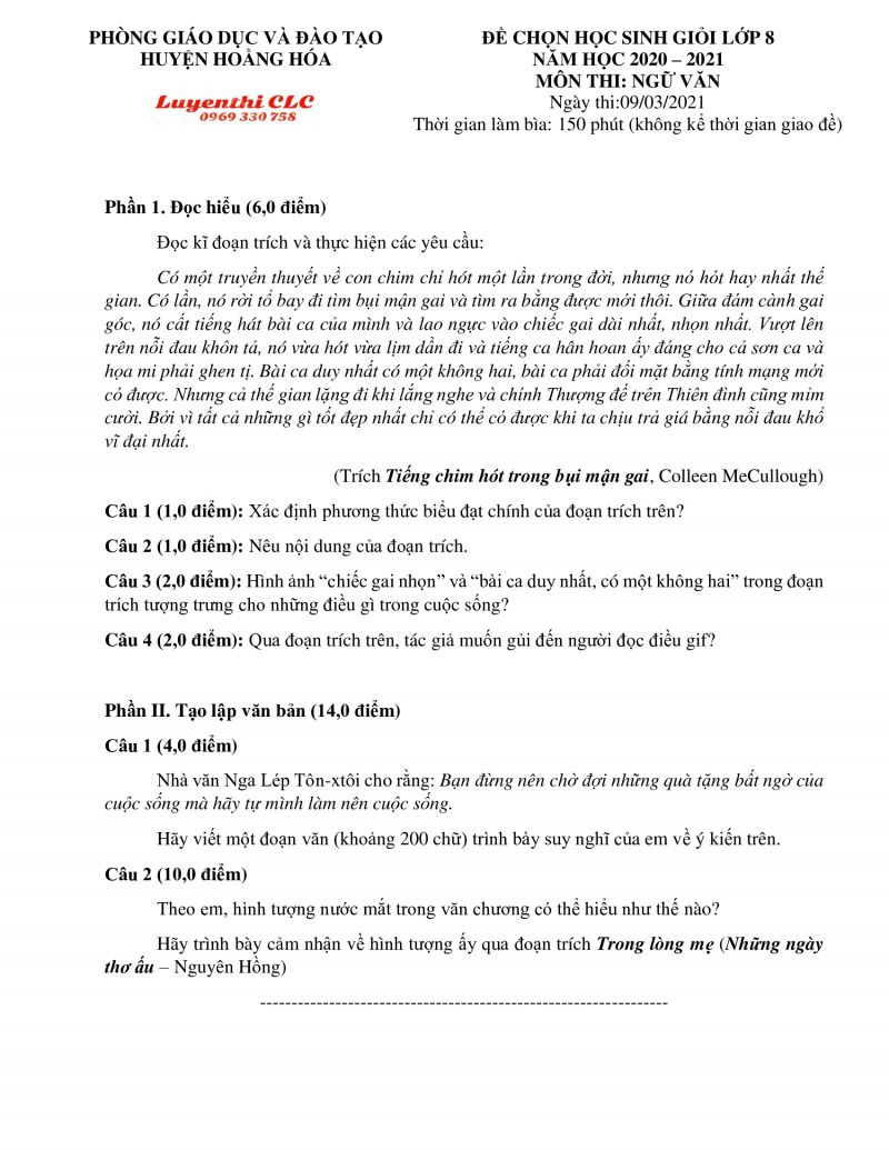 Đề thi chọn HSG m&ocirc;n Ngữ Văn lớp 8 huyện Hoằng H&oacute;a tỉnh Thanh H&oacute;a năm 2021
