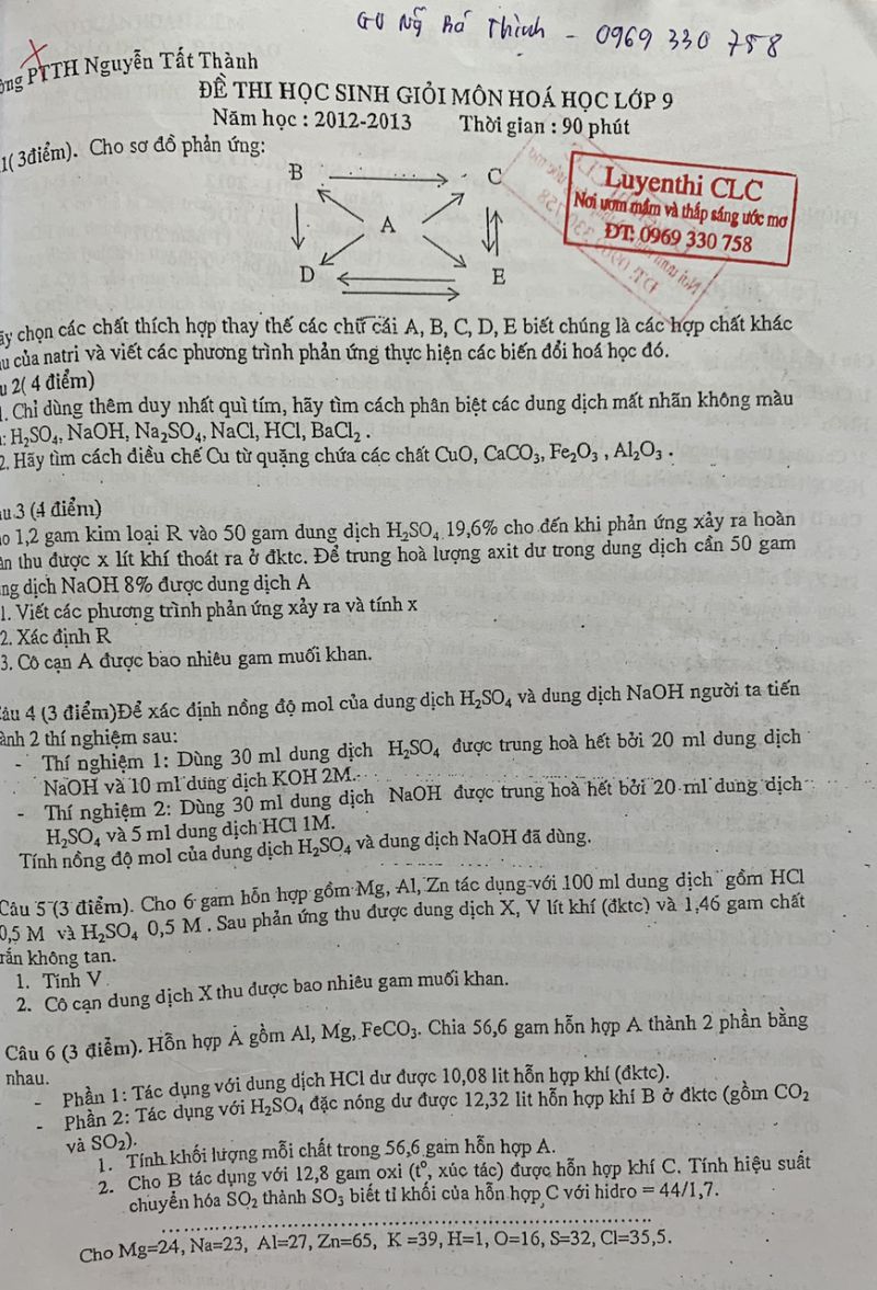 Đề thi HSG môn Hóa Học lớp 9 Trường THCS Nguyễn Tất Thành năm 2012