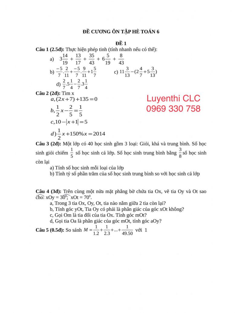 Một số đề cương &ocirc;n tập h&egrave; m&ocirc;n TO&Aacute;N lớp 6