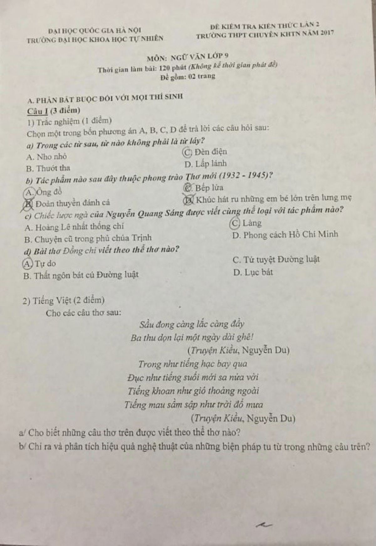 Đề kiểm tra kiến thức lần 2 m&ocirc;n Ngữ Văn lớp 9 Trường THPT CHUY&Ecirc;N KHTN năm 2017