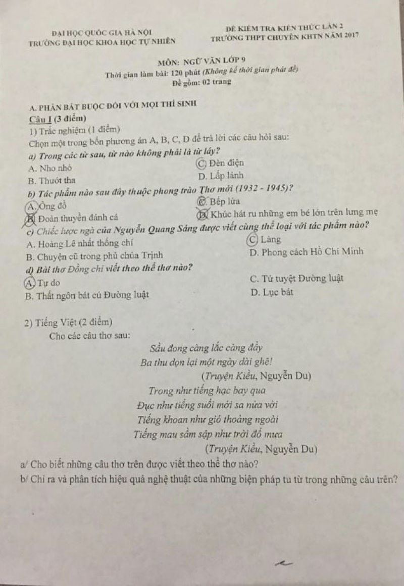 Đề kiểm tra kiến thức lần 2 môn Ngữ Văn lớp 9 Trường THPT CHUYÊN KHTN năm 2017