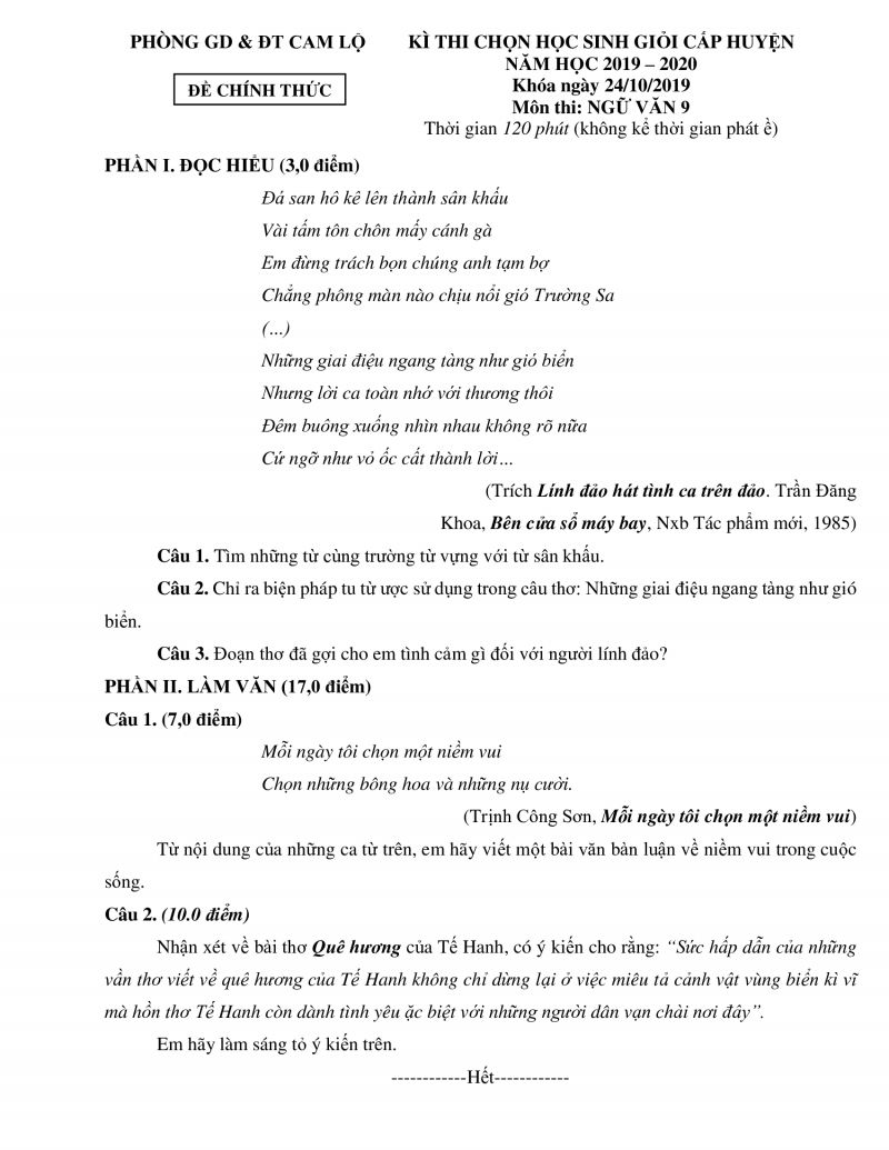 Đề thi chọn HSG cấp huyện m&ocirc;n Ngữ Văn lớp 9 huyện Cam Lộ, tỉnh Quảng Trị năm 2019