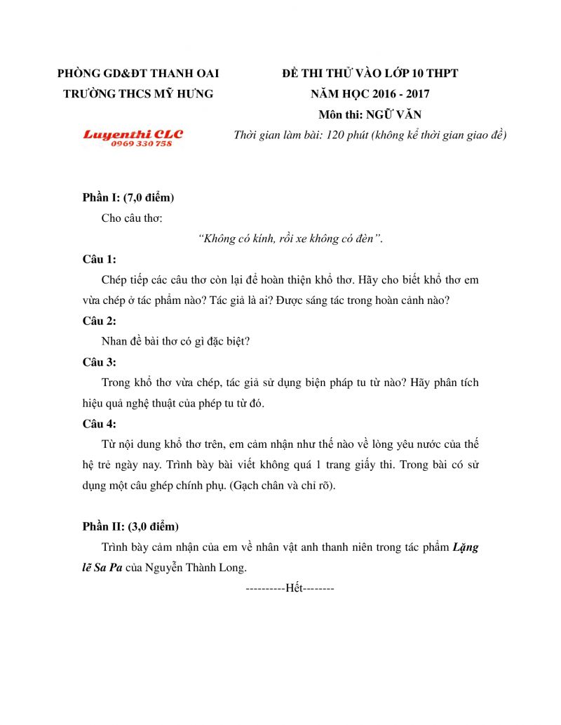 Đề thi thử vào lớp 10 THPT môn Ngữ Văn Trường THCS Mỹ Hưng huyện Thanh Oai, Hà Nội năm 2016