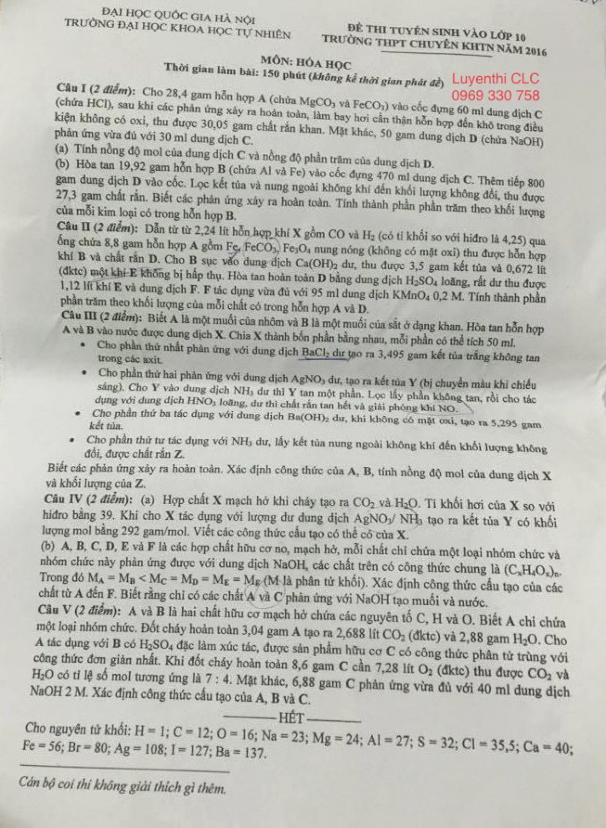 Đề thi tuyển sinh v&agrave;o lớp 10 m&ocirc;n To&aacute;n Trường THPT CHUY&Ecirc;N KHTN, H&agrave; Nội năm 2016