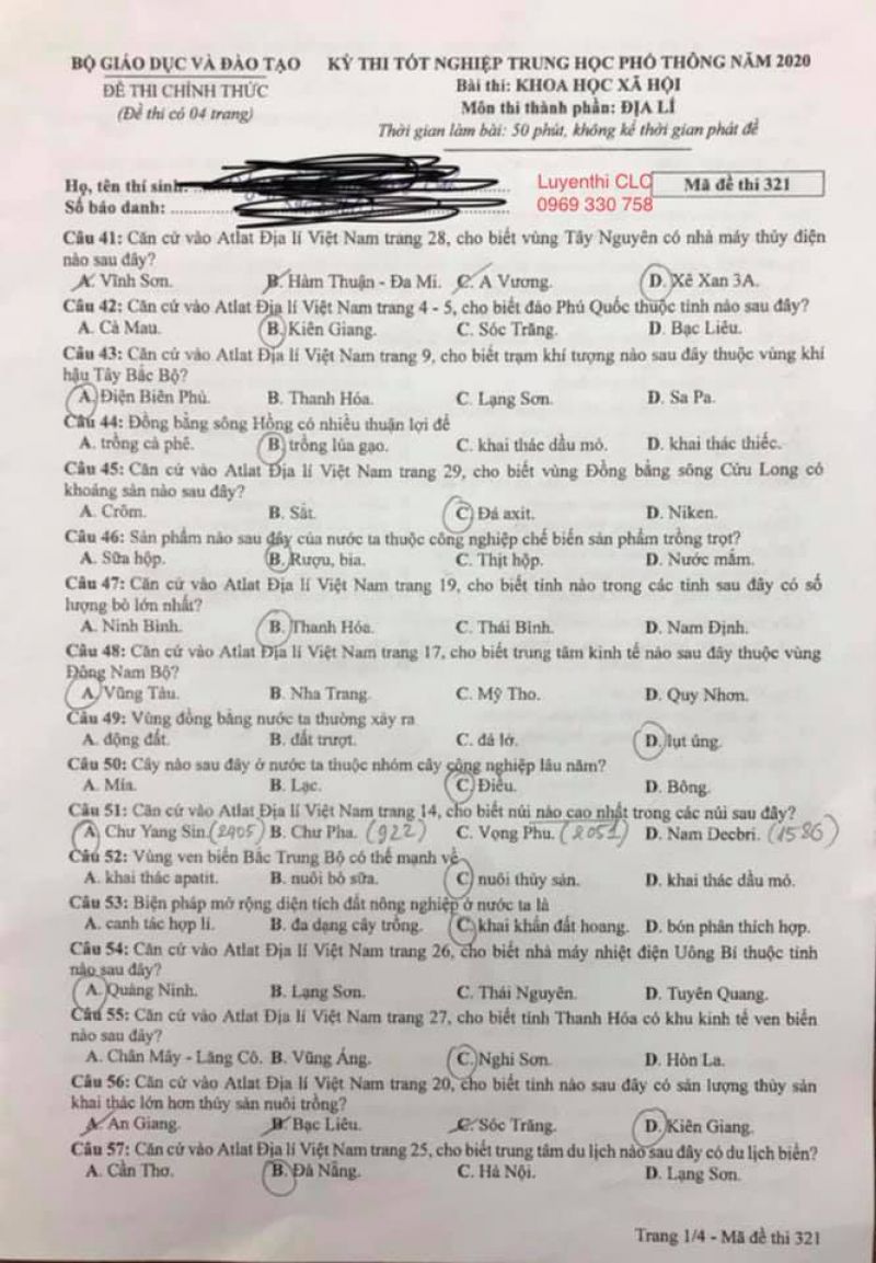 Đề thi tốt nghiệp THPT m&ocirc;n Địa L&iacute; năm 2020