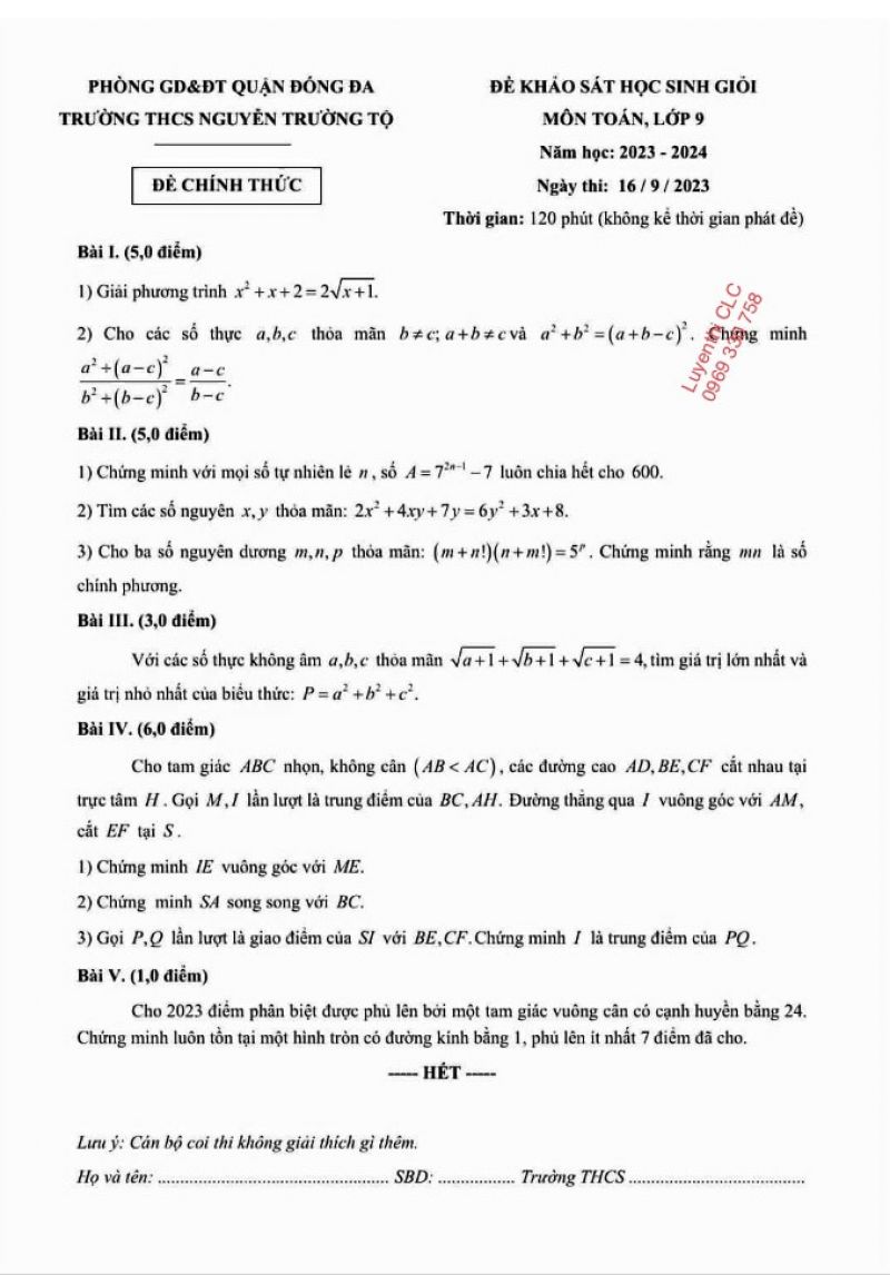 Đề khảo sát HSG môn Toán lớp 9 Trường THCS Nguyễn Trường Tộ, quận Đống Đa, Hà Nội năm 2023