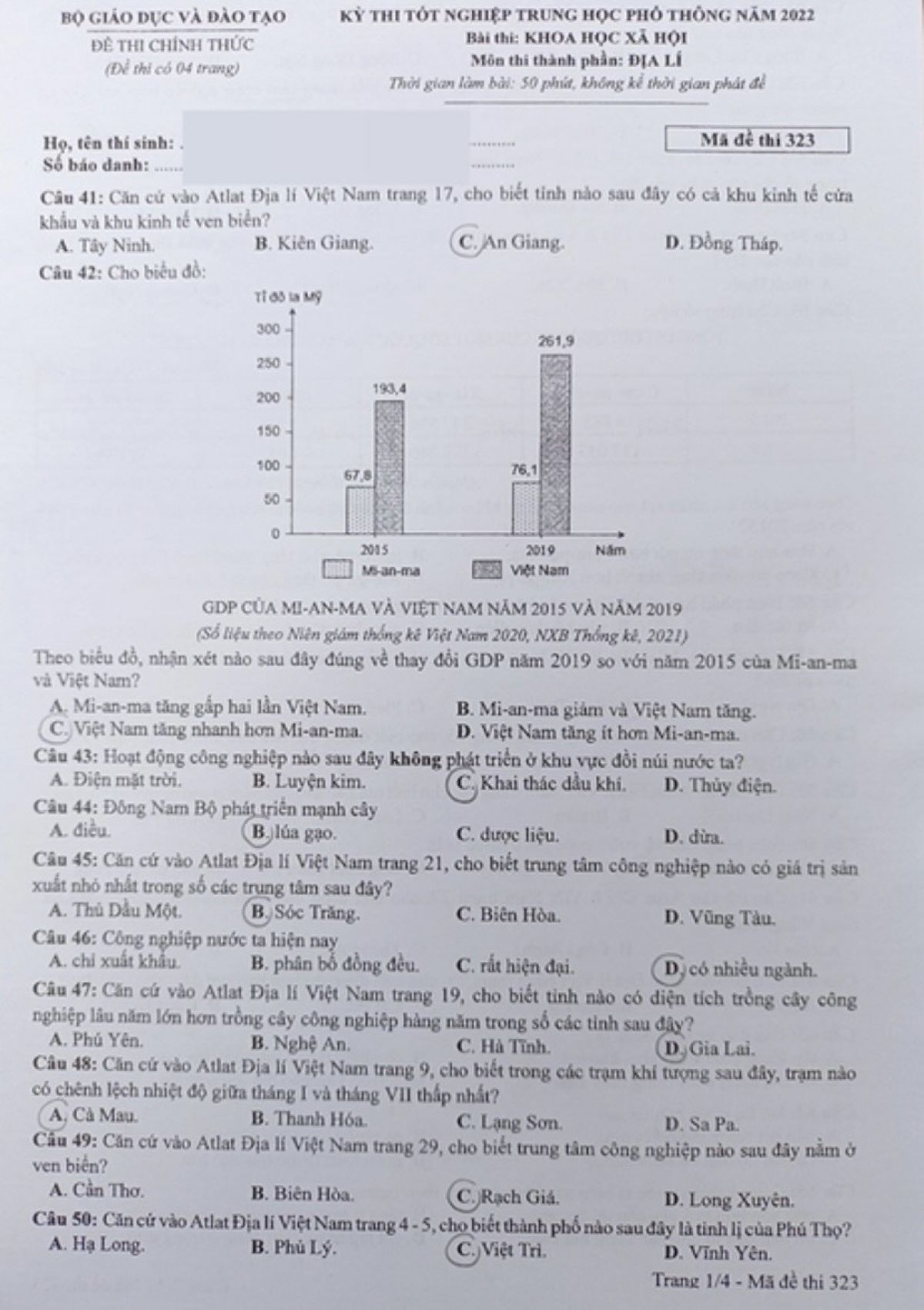 Đề thi tốt nghiệp THPT Quốc Gia môn Địa Lí năm 2022, Mã đề 323