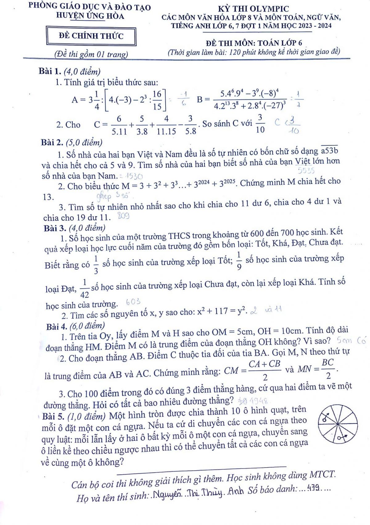 Đề thi học sinh giỏi môn Toán 6 huyện Ứng Hòa Hà Nội 2023 - 2024