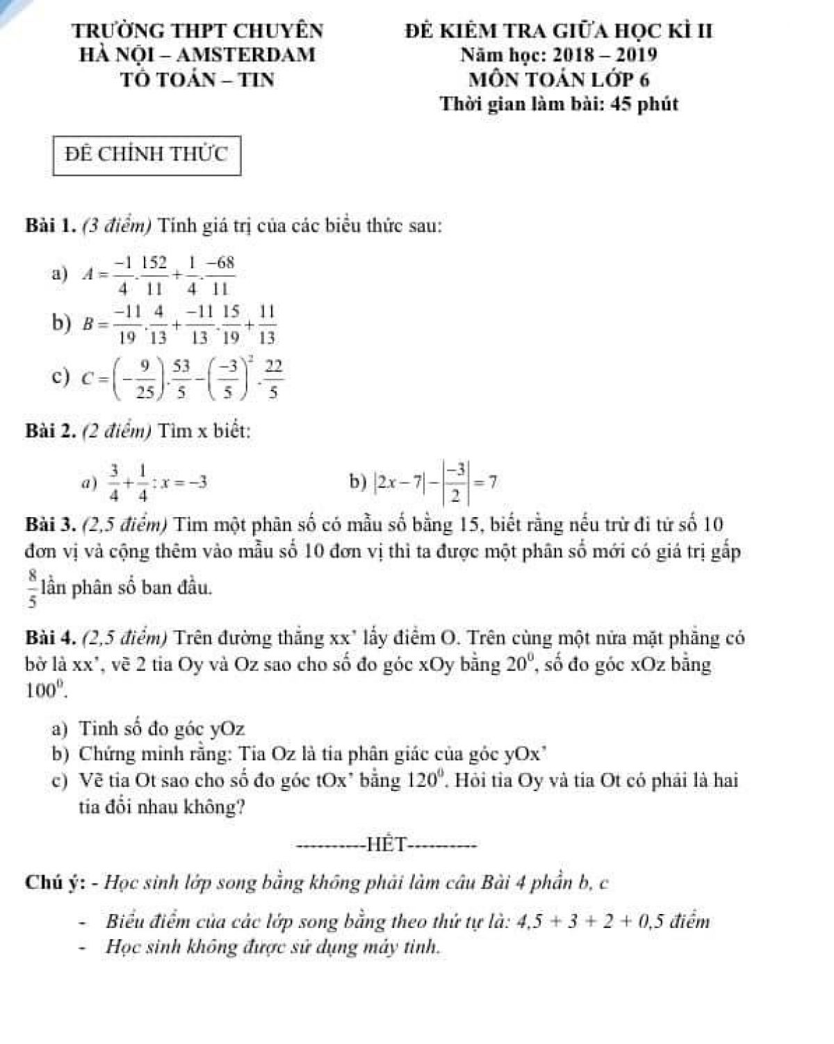 Đề kiểm tra giữa học k&igrave; II m&ocirc;n To&aacute;n lớp 6 Trường THPT CHUY&Ecirc;N H&Agrave; NỘI - AMSTERDAM năm 2018