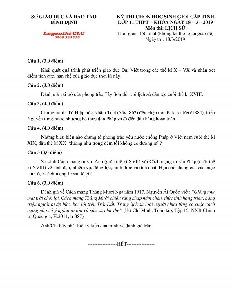 Đề thi chọn HSG cấp tỉnh m&ocirc;n Lịch Sử lớp 11 THPT tỉnh B&igrave;nh Định năm 2019