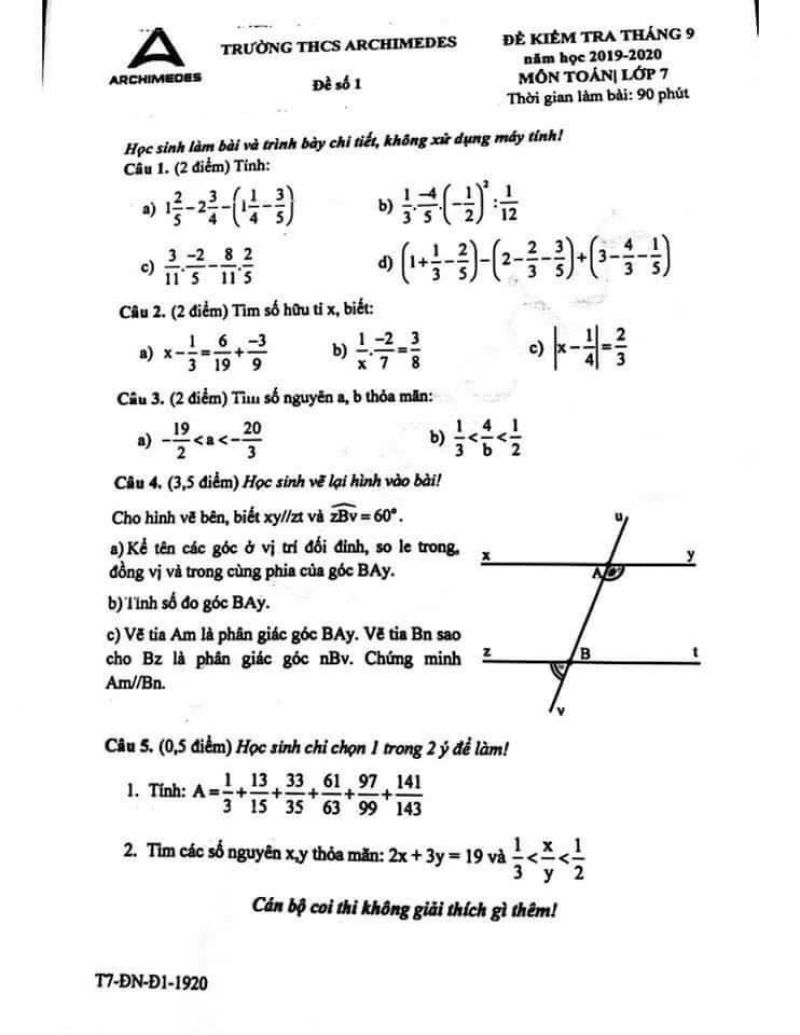 Đề kiểm tra tháng 9 môn Toán lớp 7 Trường THCS Archimedes năm 2019