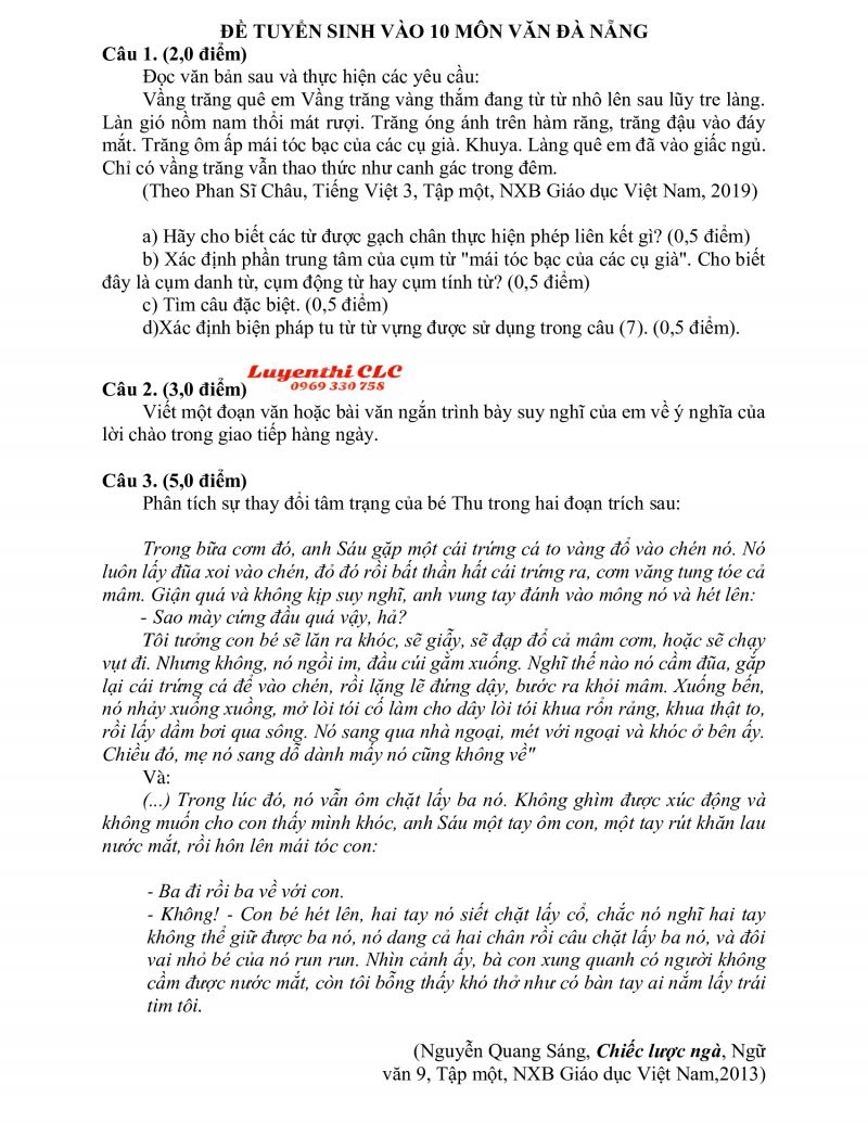 Đề thi tuyển sinh v&agrave;o lớp 10 m&ocirc;n Ngữ Văn tại Đ&agrave; Nẵng