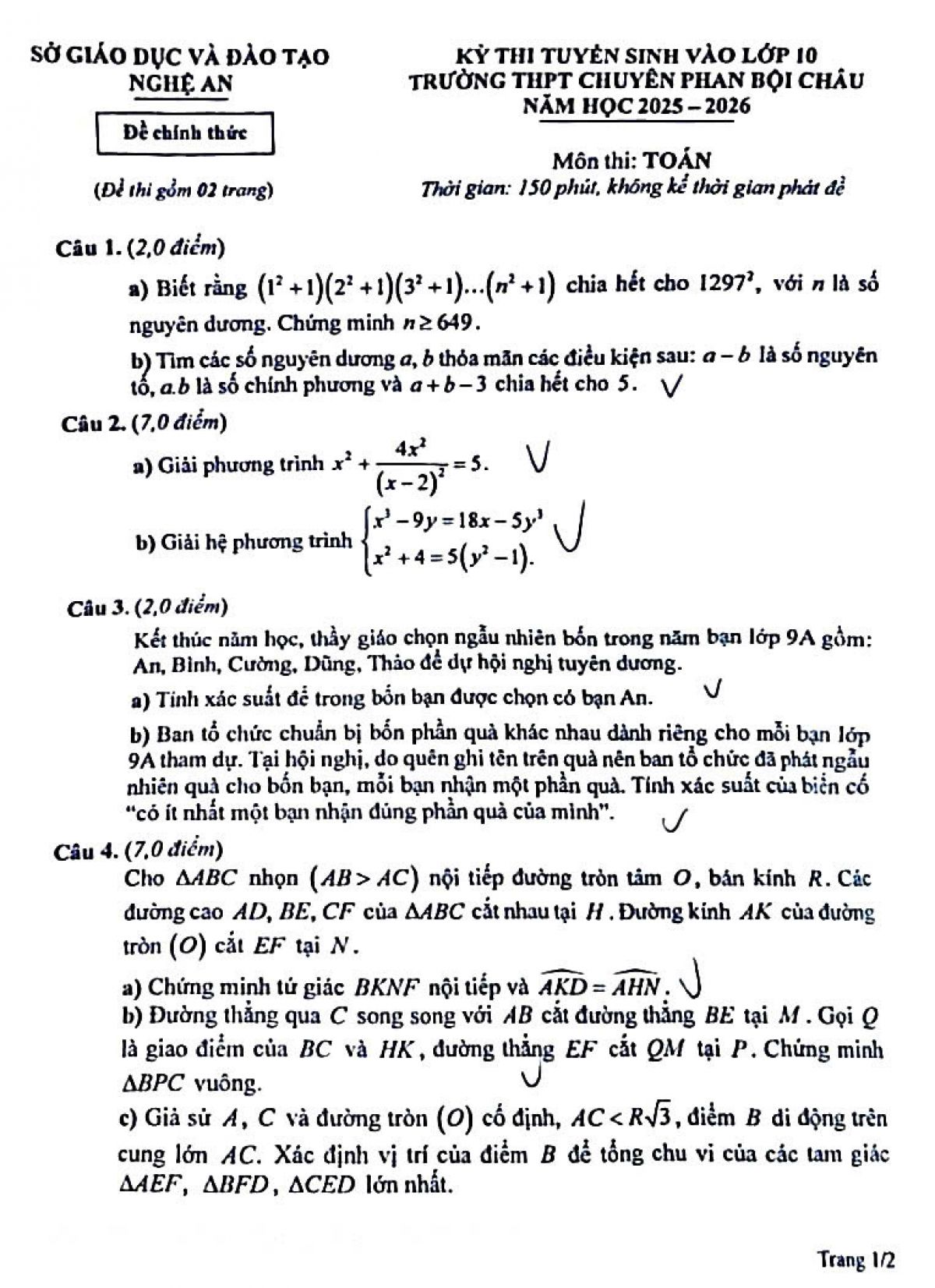 Đề thi v&agrave;o lớp 10 m&ocirc;n to&aacute;n - THPT Chuy&ecirc;n Phan Bội Ch&acirc;u- Nghệ An năm 2025