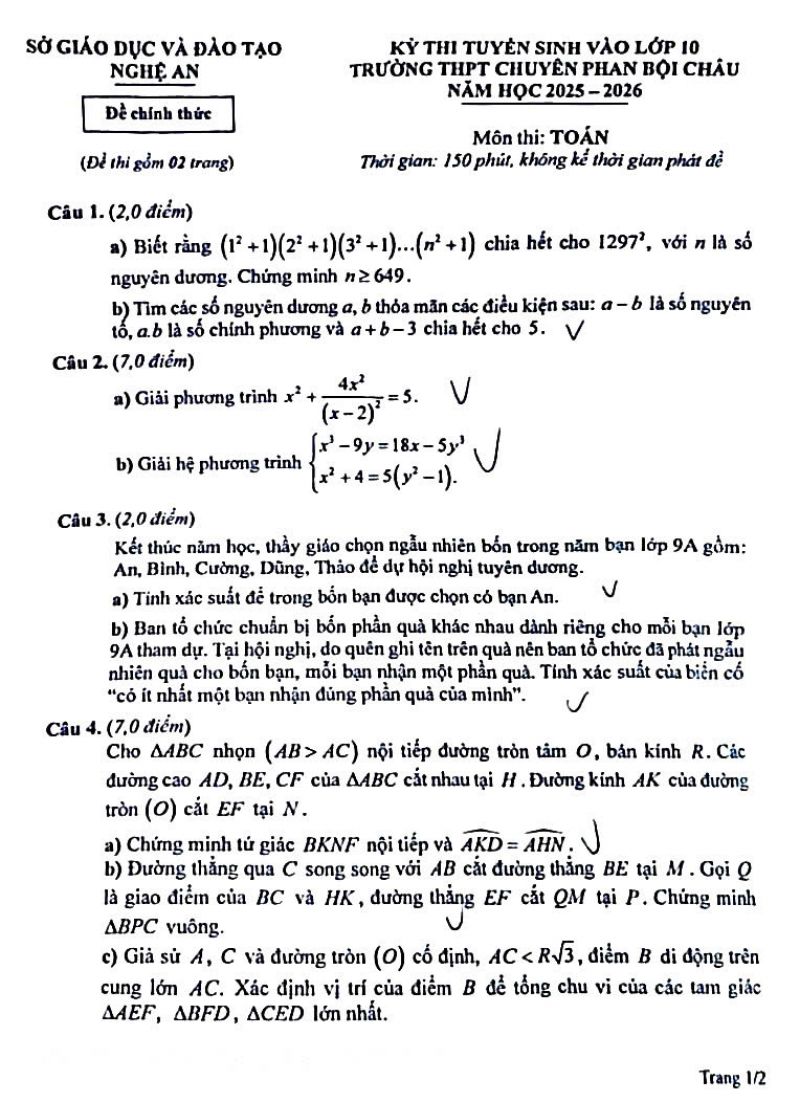 Đề thi vào lớp 10 môn toán - THPT Chuyên Phan Bội Châu- Nghệ An năm 2025