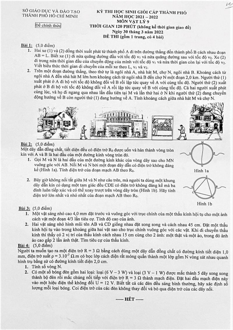 Đề thi chọn HSG môn Vật Lí lớp 9 thành phố Hồ Chí Minh năm 2022