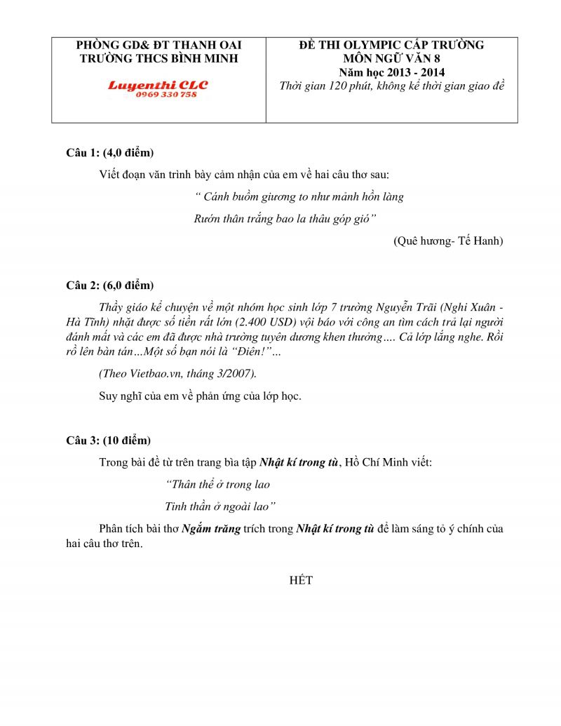 Đề thi OLYMPIC m&ocirc;n Ngữ Văn lớp 8 Trường THCS B&igrave;nh Minh huyện Thanh Oai, H&agrave; Nội năm 2014