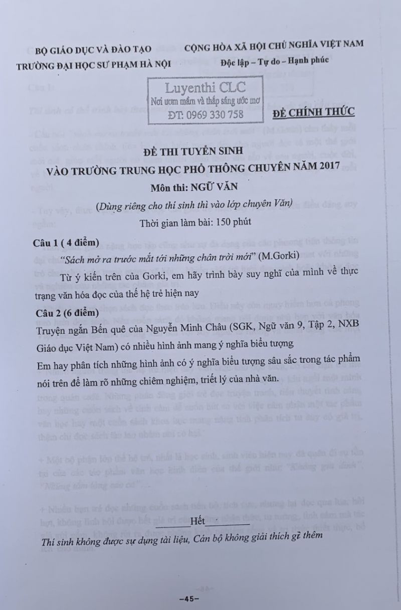 Đề thi tuyển sinh vào Trường THPT CHUYÊN và đáp án môn Ngữ Văn Trường Đại học Sư phạm Hà Nội năm 2007