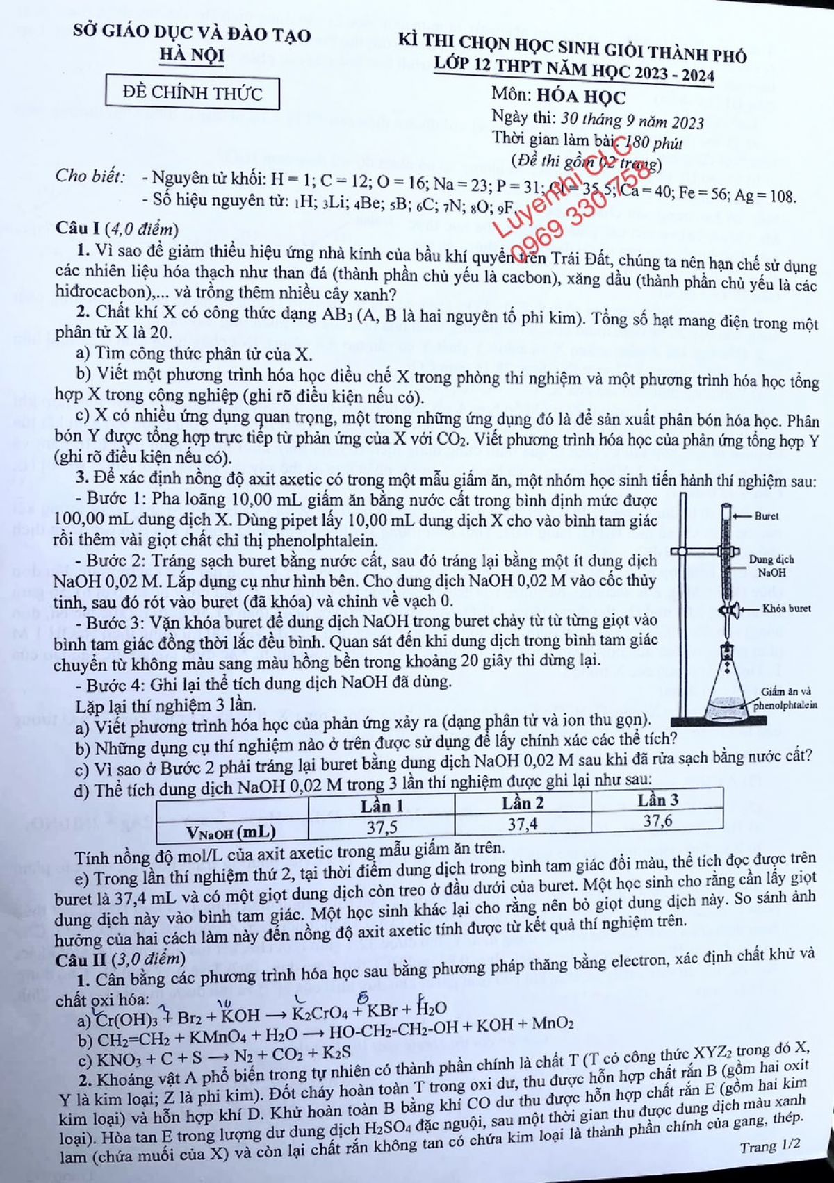 Đề thi chọn HSG m&ocirc;n H&oacute;a Học lớp 12 tại H&agrave; Nội năm 2023