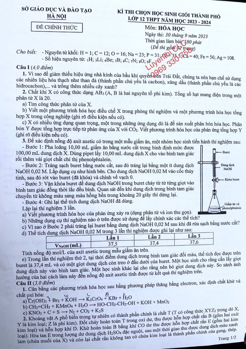 Đề thi chọn HSG môn Hóa Học lớp 12 tại Hà Nội năm 2023