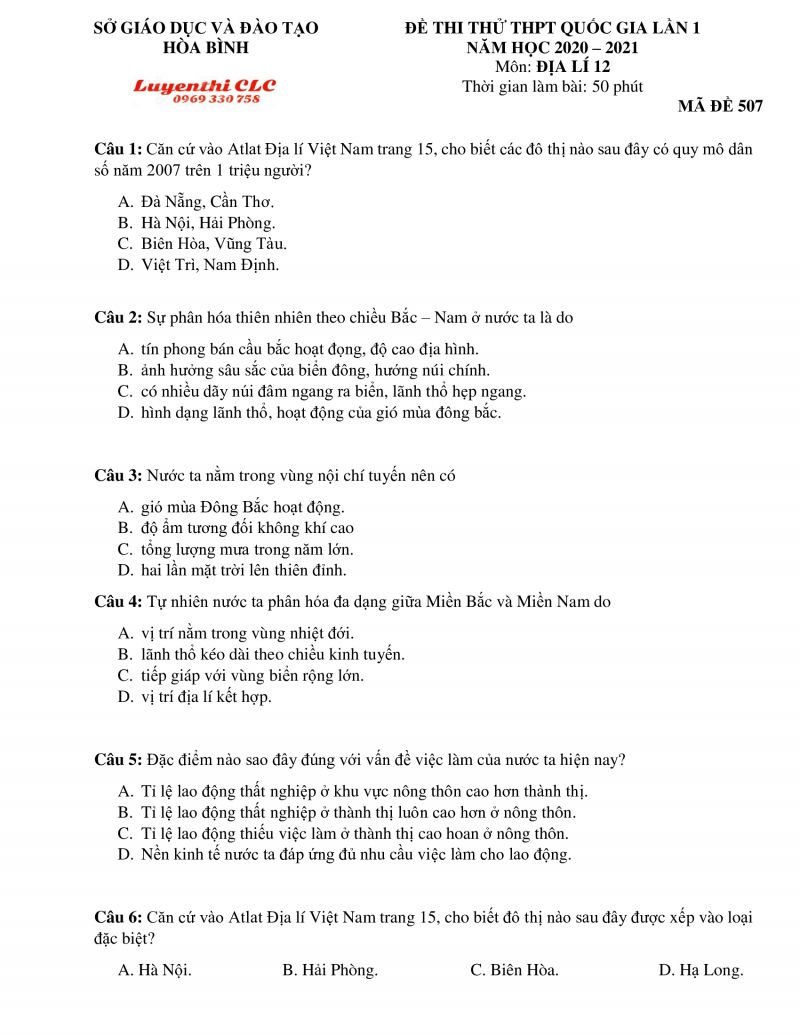 Đề thi thử THPT Quốc Gia môn Địa Lí tỉnh Hòa Bình năm 2020