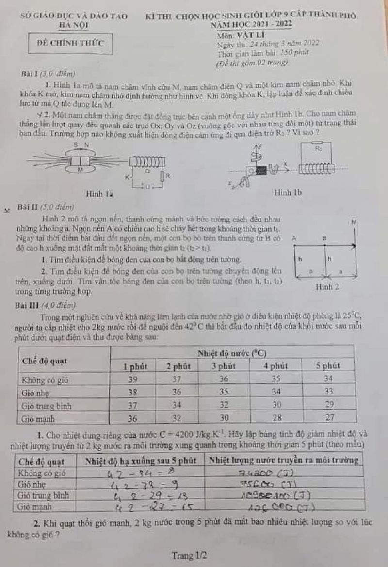 Đề thi chọn HSG môn Vật Lí lớp 9 tại Hà Nội năm 2022