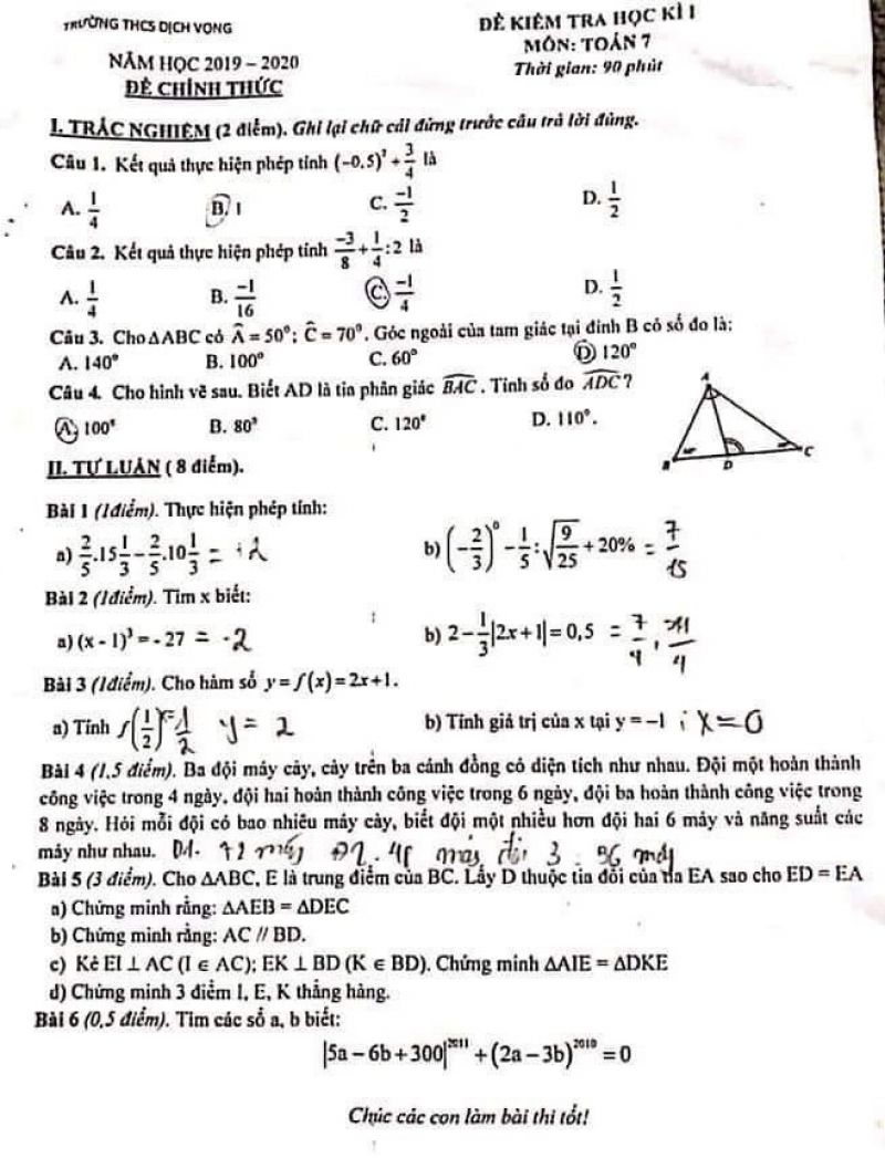 Đề kiểm tra học kì I môn Toán lớp 7 Trường THCS Dịch Vọng năm 2019