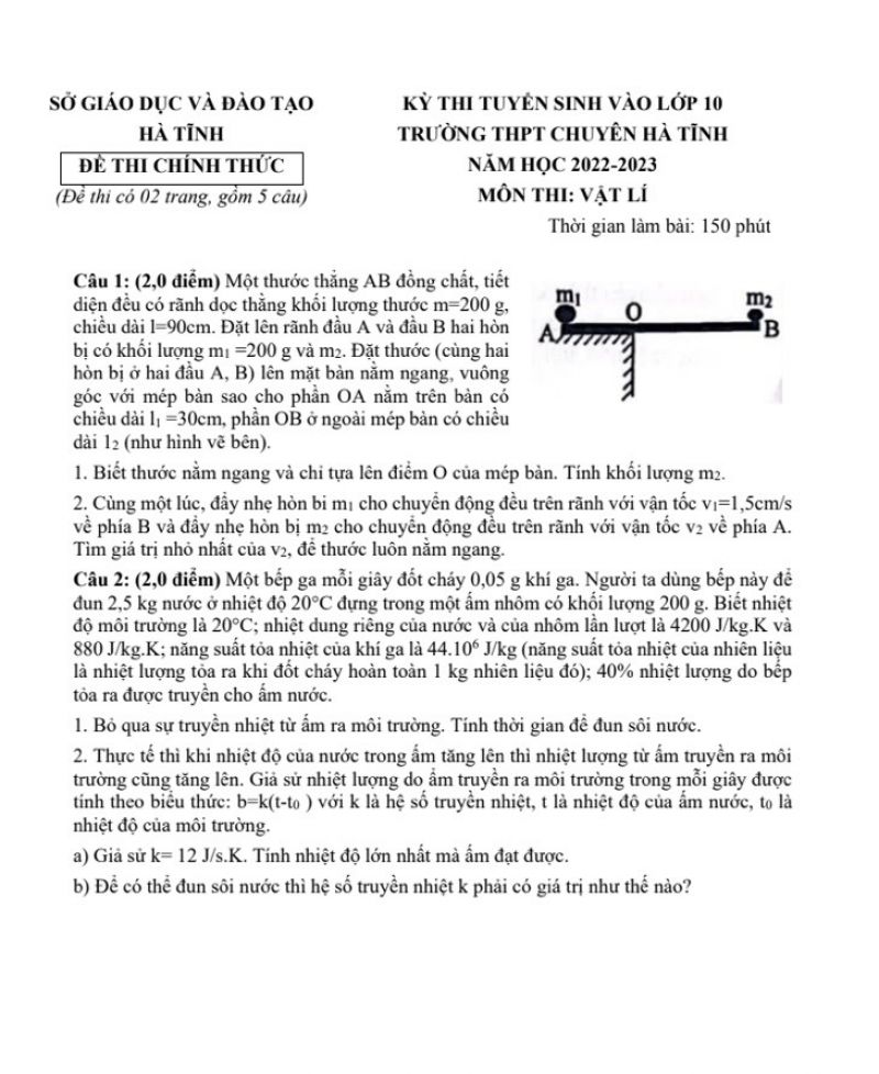 Đề thi tuyển sinh vào lớp 10 môn Vật Lí Trường THPT Chuyên Hà Tĩnh năm 2023