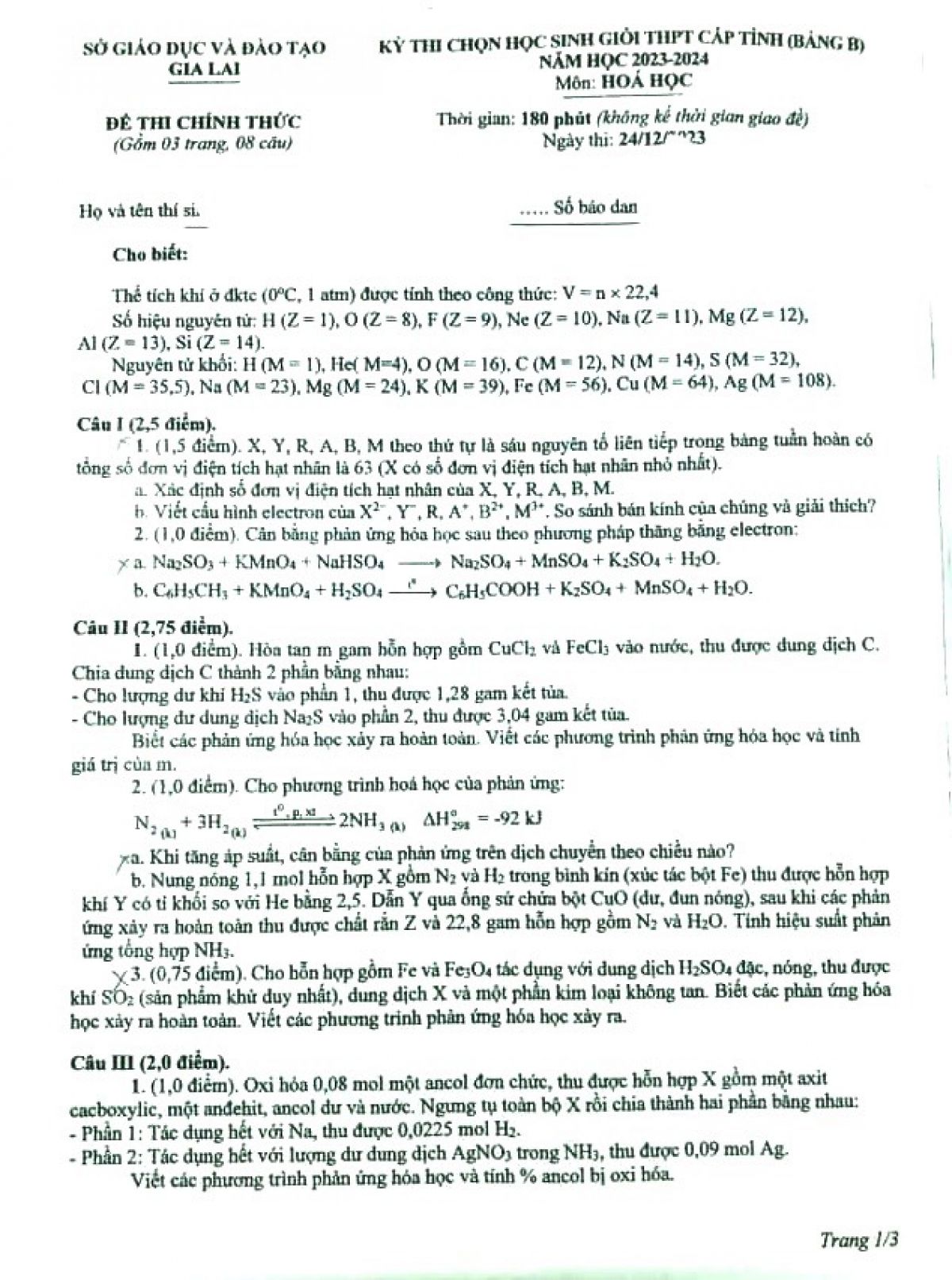 Đề thi chọn HSG môn Hóa Học cấp THPT - Bảng B tỉnh Gia Lai năm 2023