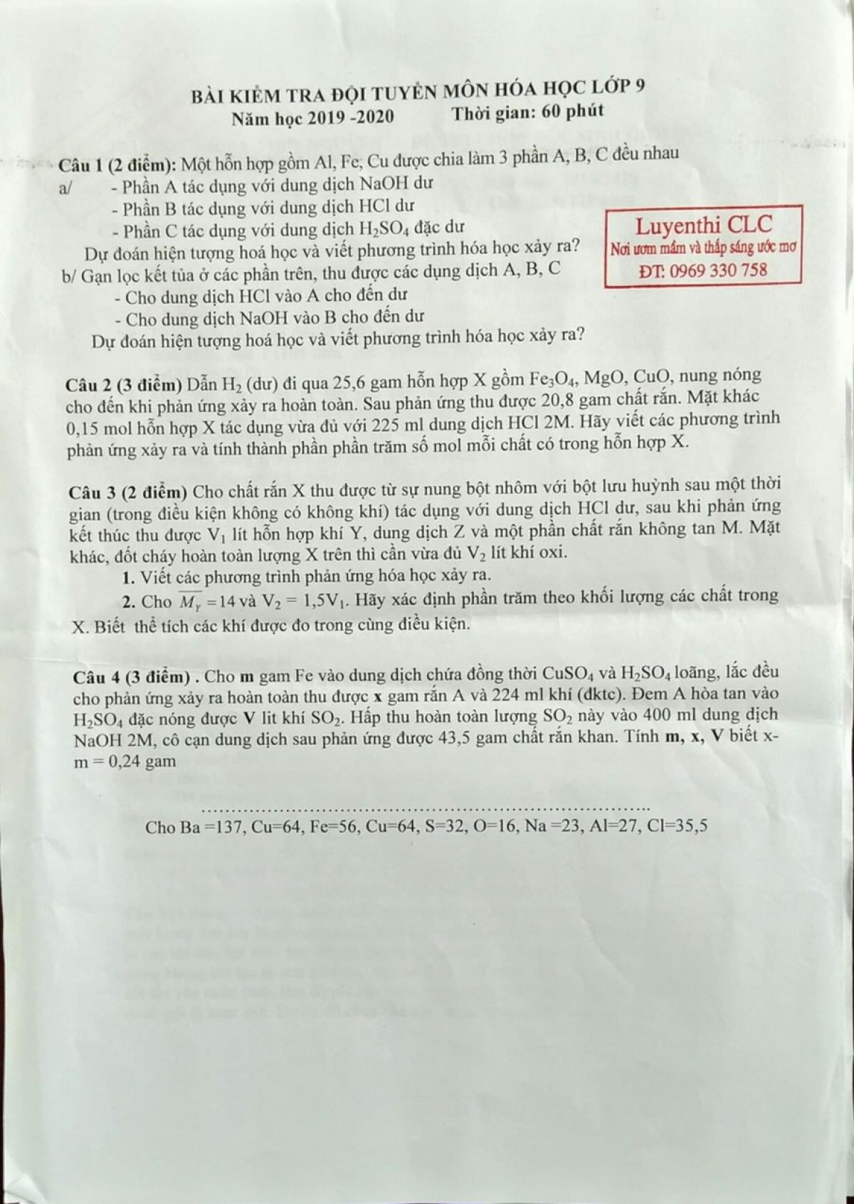 Đề kiểm tra đội tuyển HSG m&ocirc;n H&oacute;a Học lớp 9 năm học 2019 - 2020