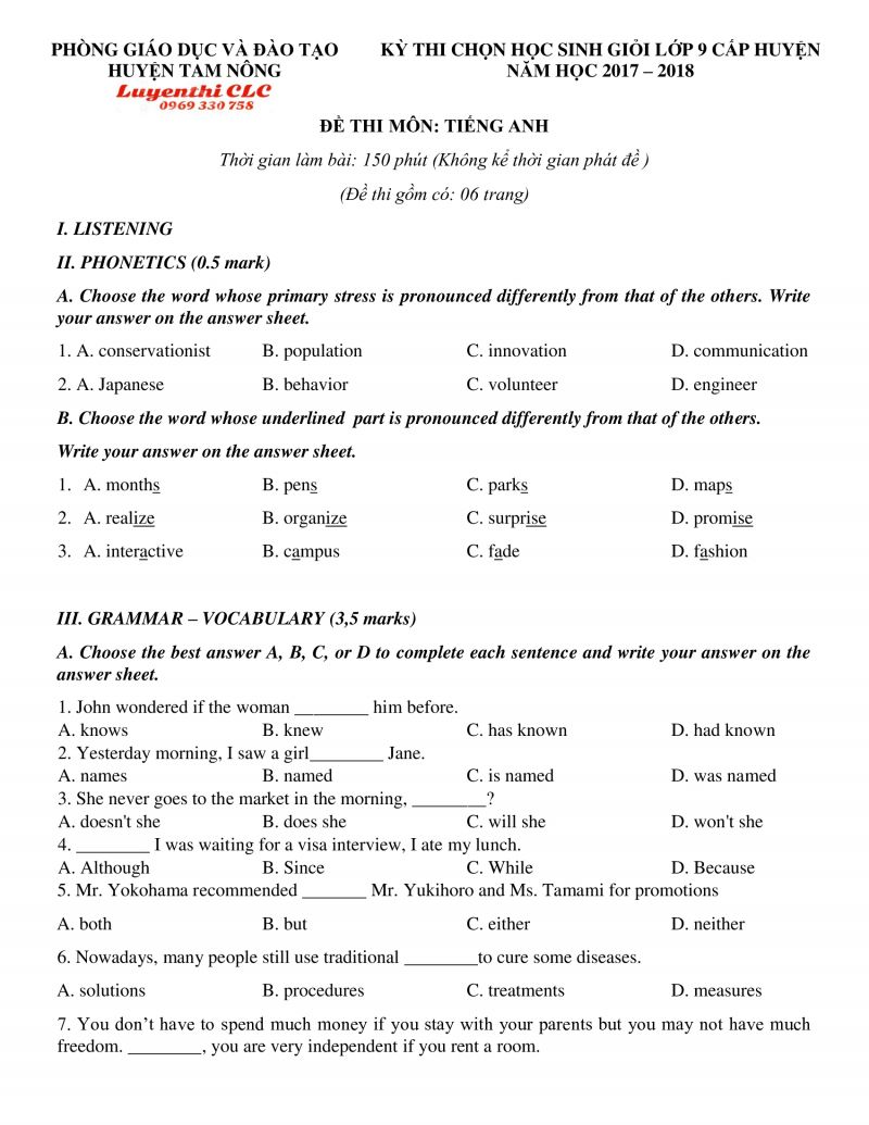 Đề thi chọn HSG môn Tiếng Anh lớp 9 huyện Tam Nông, tỉnh Phú Thọ năm 2018