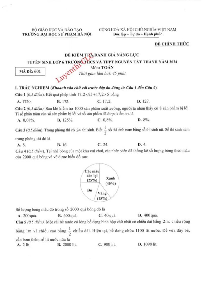 Đề thi và đáp án vào lớp 6 THPT môn Toán trường Nguyễn Tất Thành năm 2024-2025