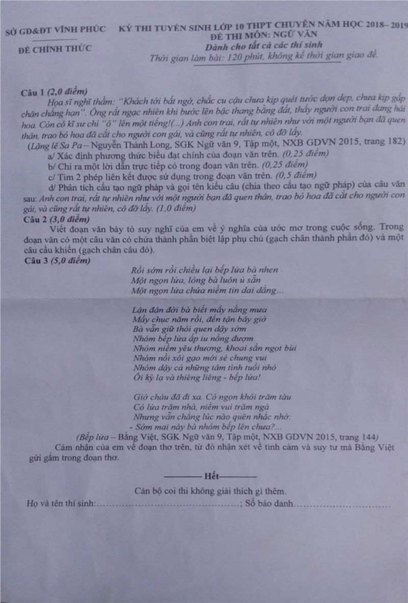 Đề thi tuyển sinh v&agrave;o lớp 10 THPT CHUY&Ecirc;N Vĩnh Ph&uacute;c m&ocirc;n Ngữ Văn năm 2018
