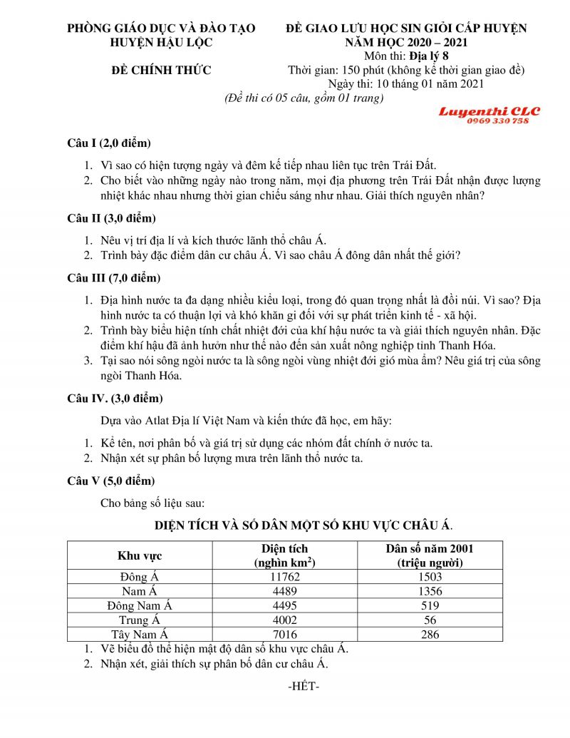Đề giao lưu HSG cấp huyện môn Địa Lý lớp 8 huyện Hậu Lộc, tỉnh Thanh Hóa năm 2021
