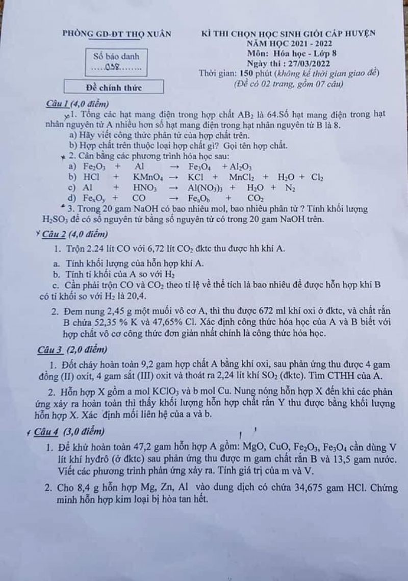 Đề thi chọn HSG môn Hóa  Học lớp 8 huyện Thọ Xuân, tỉnh Thanh Hóa năm 2022