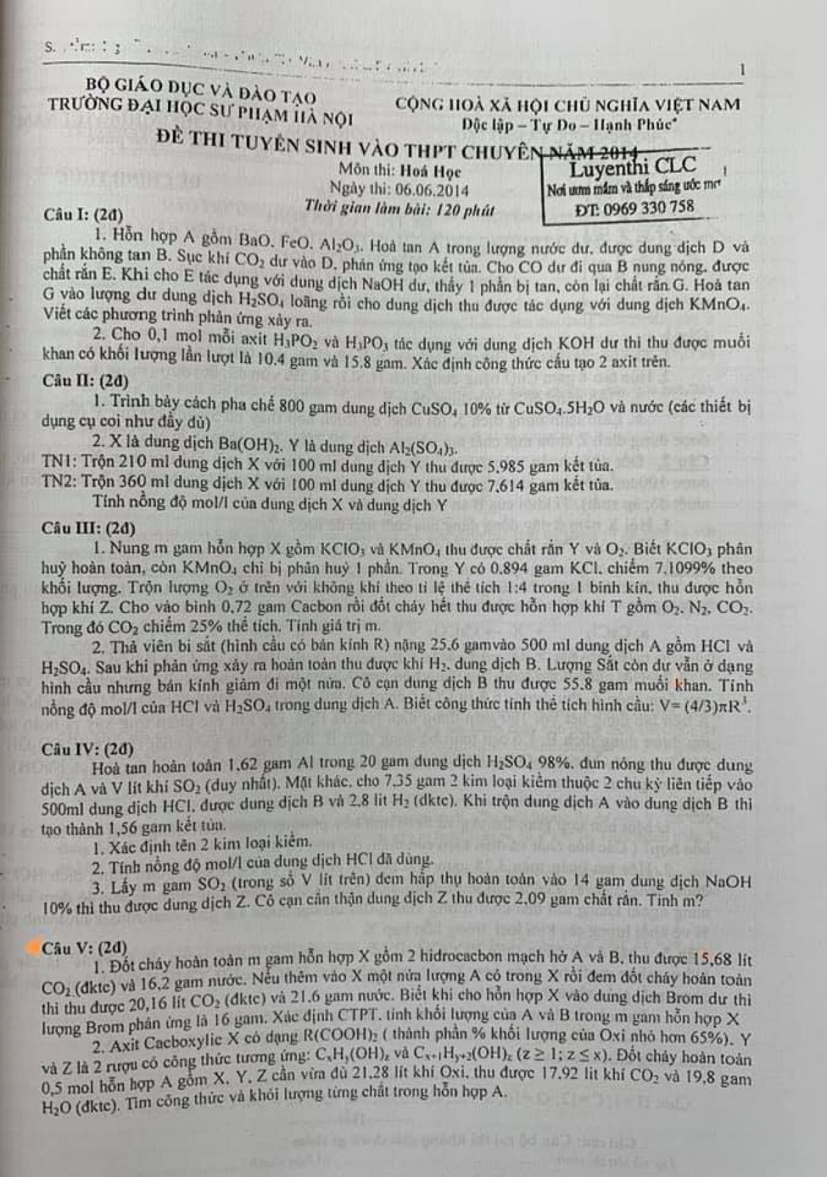 Đề thi tuyển sinh v&agrave;o THPT CHUY&Ecirc;N m&ocirc;n H&oacute;a Học Trường Đại học Sư phạm H&agrave; Nội năm 2014